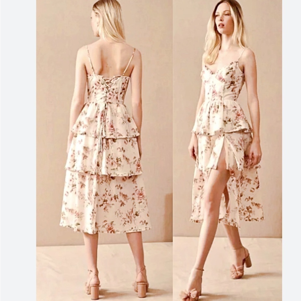 -House of Harlow 1960 Ponte-Bustier Corset Tiered Floral Linenblend Midi …